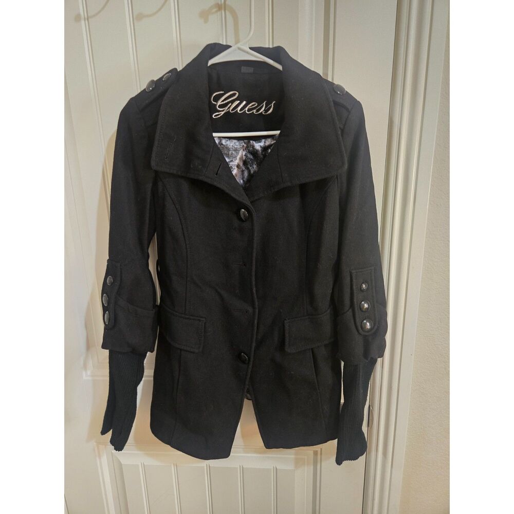 Guess Women’s Small Black Wool Blend Coat Jacket Button Front Ribbed Cuffs